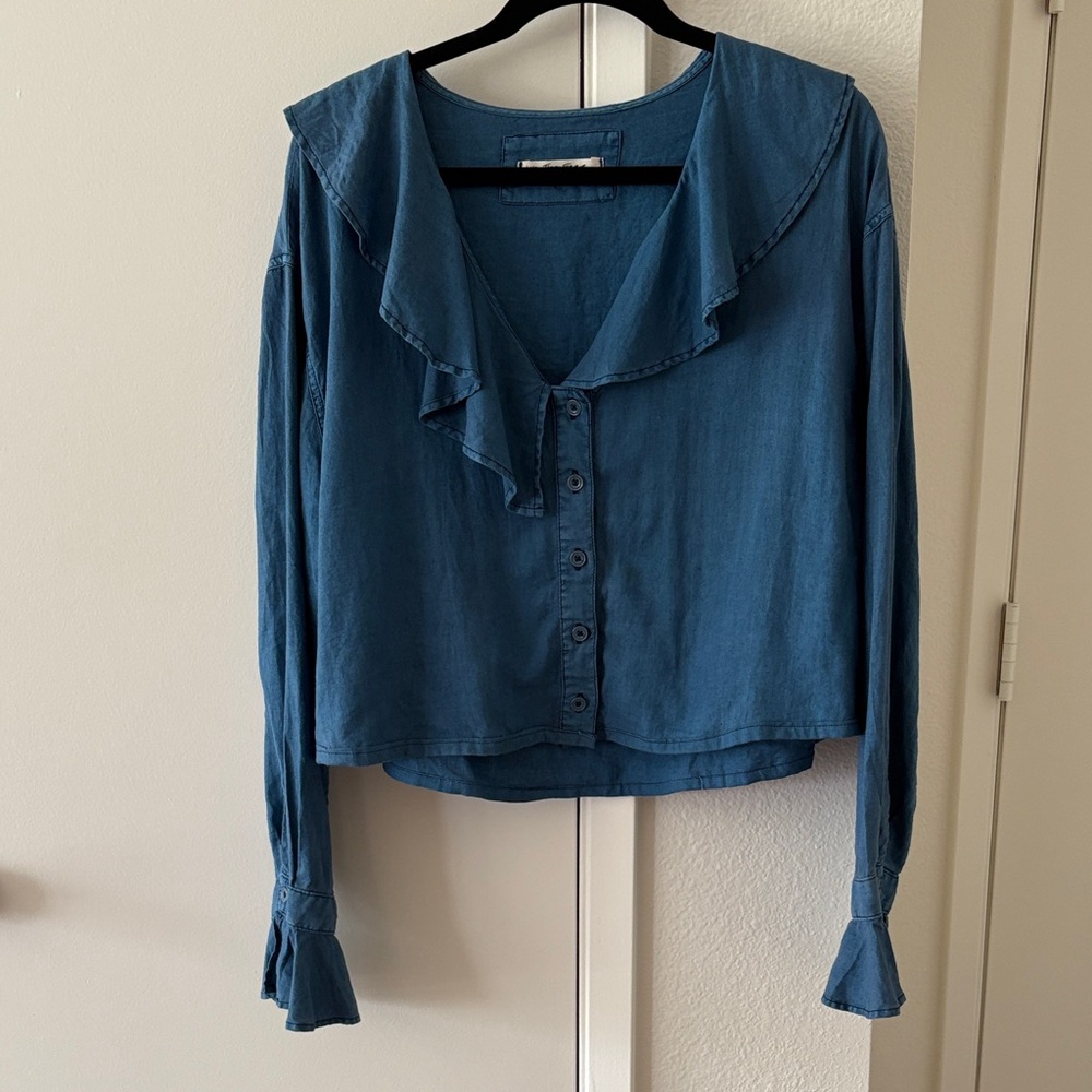We The Free Blue Button-Down Ruffle Collar Top
